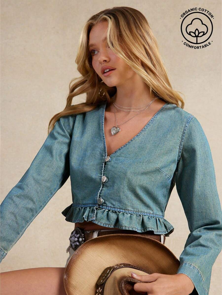 WESTFADE V 领纽扣前褶饰休闲棉混纺牛仔长袖短款衬衫夏季海滩度假西部波西米亚牛仔早午餐上衣 - 淺色水洗藍 - 查看 1