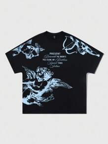 ROMWE MEN Street Life 男士蝙蝠袖印花短袖 T 恤，适合春夏季日常穿着、万圣节、2000 年代风格 - 黑色 - 查看 3