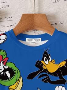 LOONEY TUNES X SHEIN Young Boy 2pcs/Set Casual Cartoon Graphic Crew Neck Short Sleeve T-Shirts, Blue & Apricot, Summer - Multicolor - View 7
