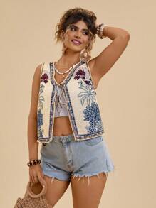 SHEIN VCAY Plus Size Casual Vacation Tropical Plant Hand-Drawn Line Print Tie-Up Loose Women Vest