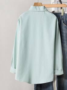 1pc Girls' Turndown Collar Long Sleeve Button-Up Striped Shirt With Embroidered Front Graphic, Casual Blouse For Autumn Fall Winter - Green - View 2