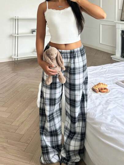 Teen Girls Sweet Camisole Plaid Pants Pajama Set Pj Zwart Wit Fall view 6