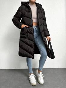 EURMUSE Women's Hooded Drawstring Padded Jacket - Black - View 6