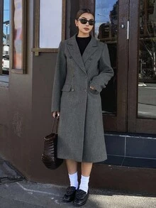 DAZY 女士休闲翻领长袖双排扣大衣，秋冬 - 深灰色 - 查看 7