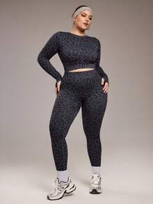 Rhythm Era 大码女式豹纹长袖上衣和紧身裤套装健身套装 - 彩色 - 查看 5