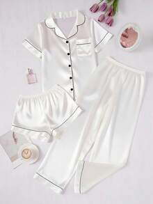 3 件套女士撞色纯色仿丝领睡衣套装女士睡衣套装缎面睡衣套装白色睡衣套装白色缎面睡衣套装丝绸睡衣套装 - 白色 - 查看 5