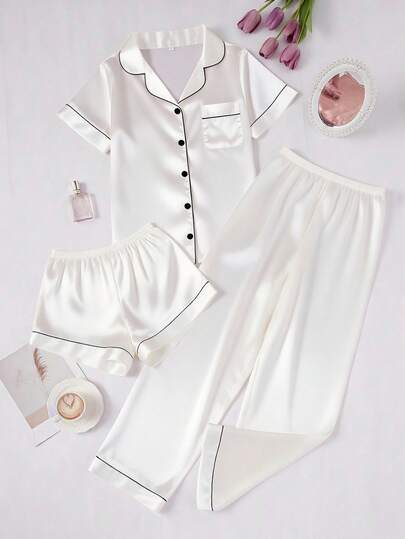 Women Contrast Faux Zijden Collar Pajama Set Satijnen Sleepwear Wit Pj Pjs view 5