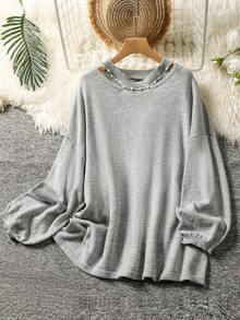 Modelyn Plus Size Solid Color Minimalist Long Sleeve Sweater, Everyday Wear Winter Fall Autumn - Grey - View 2