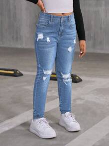 SHEIN Sparklyn Young Girl Medium Wash Blue Distressed Jeans, Fashionable Fall Winter - Medium Wash - View 3