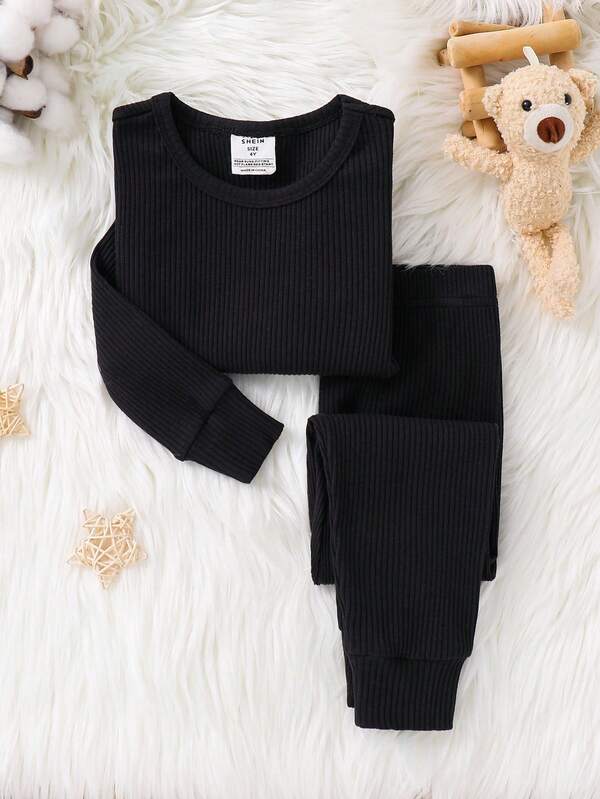 SHEIN 年轻女孩和男孩舒适睡衣套装，圆领长袖上衣和长裤，纯色两件套家居服，适合秋冬季休闲家居穿着，兄弟姐妹套装