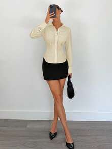 Siren Gaze Blusa de manga larga con botones y pliegues de unicolor, casual de invierno para mujer - Albaricoque - Ver 7