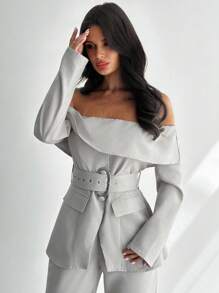 Women's Elegant Chic Romantic Casual Linen-Texture Off-Shoulder Long Sleeve Cinched Waist Metal Button Decor Blazer Jacket, Suitable For Autumn - Khaki - View 7