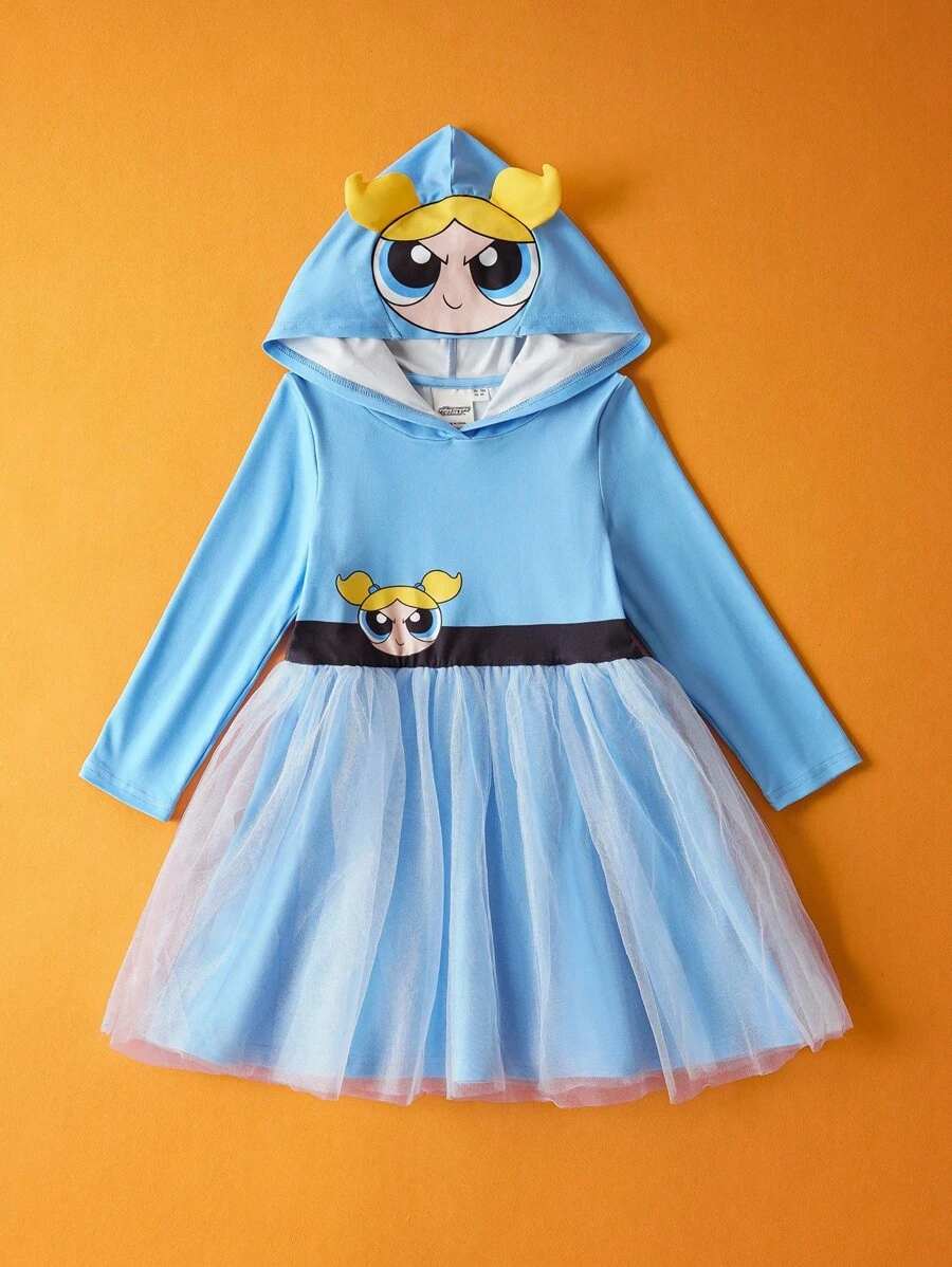 THE POWERPUFF GIRLS X SHEIN 可爱蓝色小女孩泡泡人物印花3D耳朵连帽连衣裙COS服装，适合秋冬季、万圣节、生日派对 - 藍色 - 查看 1