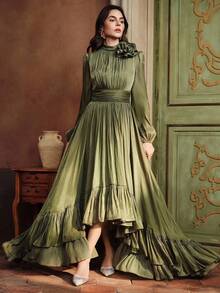 Anewsta 女式优雅 3D 花卉高领长灯笼袖荷叶边下摆高低连衣裙，秋季 - 綠色 - 查看 4