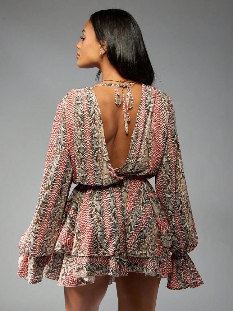 MISSGUIDED Chiffon Snake Print Long Sleeve Mini Dress Ruched Waist Deep V Neck Puff Sleeve Empire Waist Party Club Night Out Spring Fall Fashion 2024