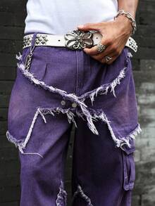 Manfinity EMRG Men's Simple Button Front Pocket Frayed Hem Casual Denim Jeans - Purple - View 6