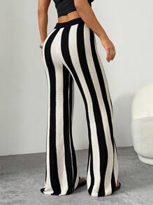 SHEIN PETITE Wool Knitted Black And White Striped Casual Home Ladies Wide-Leg Trousers Comfortable And Versatile In Fall/Winter - Black and White - View 2
