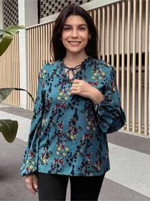 SHEIN LUNE 女士休闲碎花灯笼袖衬衫，秋季 - 墨綠色 - 查看 7