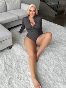 SHEIN SXY 大码女式舒适休闲长袖拉链连体衣，秋冬 - 深灰色 - 查看 5