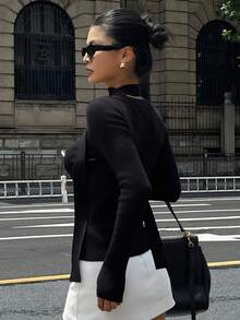 DAZY Women's Ribbon Trim Long Sleeve Crew Neck Fitted Sweater Fall - Black - View 2