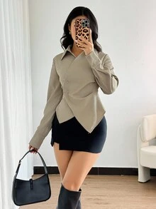 Modelyn Women's Solid Color Cross Wrap Asymmetric Hem Long Sleeve Shirt Office Blouse Business Casual Woman Blouse