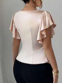 SHEIN Elenzya Áo thun tay ngắn dáng rộng màu trơn viền bất đối xứng thanh lịch cỡ lớn - Hồng - Xem 2
