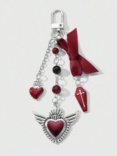 Grunge Punk 1pc Y2K Vintage Unique Edgy Fashion Halloween Series Hollow Chain Red Ribbon Bow Drip Oil Coffin Tombstone Cross Round Bead Wing Heart Pendant DIY Keychain & Keyring Bag Charm, Suitable For Women/Girls Daily Wear, Holiday Gift