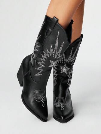 Fairycore Women's Black Pointed Toe Chunky Heel Embroidered Western Boots, Leather Upper, New Autumn/Winter Outdoor Fashion Mid-Calf Boots