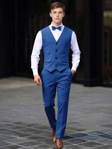 SHEIN 2pcs Teen Boys Gentleman Suit, Vest + Long Trousers, Elegant Outfit For Birthday Party, Wedding, Prom, Graduation, School, Campus, College - Navy Blue - View 1