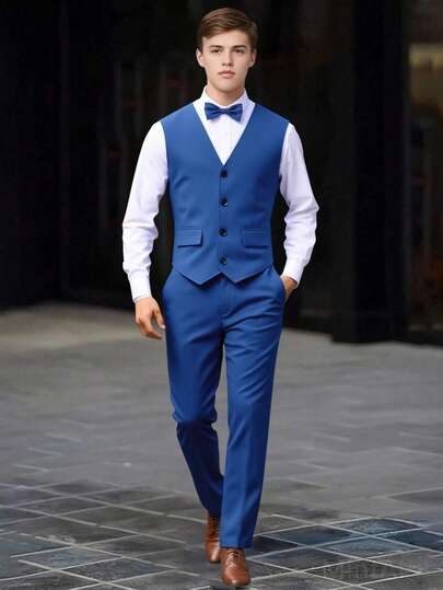 SHEIN 2pcs Teen Boys Gentleman Suit, Vest + Long Trousers, Elegant Outfit For Birthday Party, Wedding, Prom, Graduation, School, Campus, College