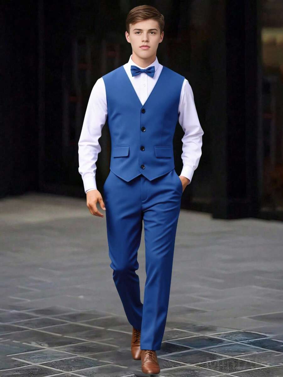 SHEIN 2pcs Teen Boys Gentleman Suit, Vest + Long Trousers, Elegant Outfit For Birthday Party, Wedding, Prom, Graduation, School, Campus, College - Navy Blue - View 1