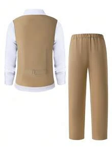 SHEIN 2 piezas Conjunto de caballero para adolescente, chaleco + pantalón largo, traje elegante para fiesta de cumpleaños, baile de graduación, boda - Caqui - Ver 2