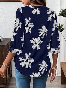 SHEIN LUNE Áo sơ mi họa tiết hoa thường ngày dành cho nữ, phù hợp mặc công sở vào mùa thu/đông - Màu xanh hải quân - Xem 2