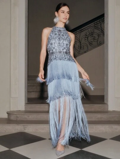 Anewsta Vestido de cóctel de mujer de alta gama, sexy, con flecos, halter y espalda descubierta, lujoso y elegante