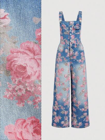 SHEIN MOD Women's Casual Washed Floral Print Denim Bib Pants Floral Denim Jumpsuit,Fall Clothes For Women,Office Outfits For Women,Birthday Outfits For Women,Lounge Jumpsuits For Women,Elegant Jumpsuits For Women,Western Wear Women,Fall Jumpsuits For Women,Country Concert Outfit,Classy Outfits For Women,Vintage Clothes Women,Old Money Outfits Women,Street Wear,Floral Jumpsuits