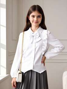 Tween Girl Ruffle Trim Bow Front Shirt,Holiday,Summer,Travel - White - View 1