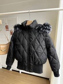 SHEIN Teens' Padded Coat, Hooded With Fur Collar, Diamond Pattern Cuffs And Hem, Suitable For Play And Back To School, Winter Fall