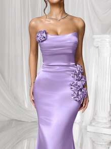 Coutiva 优雅性感褶皱抹胸下摆手工花朵设计美人鱼下摆晚礼服，适合婚礼宾客、生日派对、晚宴、鸡尾酒会、毕业典礼 - 紫色 - 查看 12