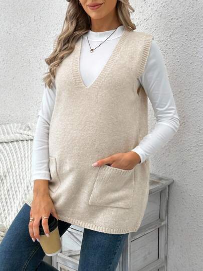SHEIN 孕妇V领双口袋休闲针织背心，秋冬
