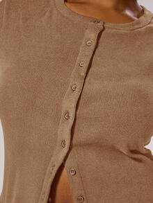 MUSERA 大码纽扣修身长袖上衣，春季优雅高贵度假可爱浪漫90年代Y2K节日风，春夏复活节 - 卡其色 - 查看 6