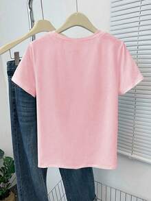 Airaco Summer Colorblock Slogan & Hibiscus Embroidery Round Neck Women T-Shirt - Baby Pink - View 2