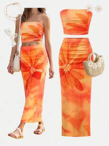 SHEIN Girlism 青少年女孩合身休闲舒适扎染花卉抹胸和紧身迷你裙套装 - 黃色 - 查看 1