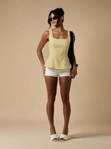 MISSGUIDED Square Neck Peplum Top Sleeveless Fitted Waist Summer Blouse Casual Evening Party Office Business Professional Wear Classic Elegant Fashion Formal Top For Women - Beige - View 5