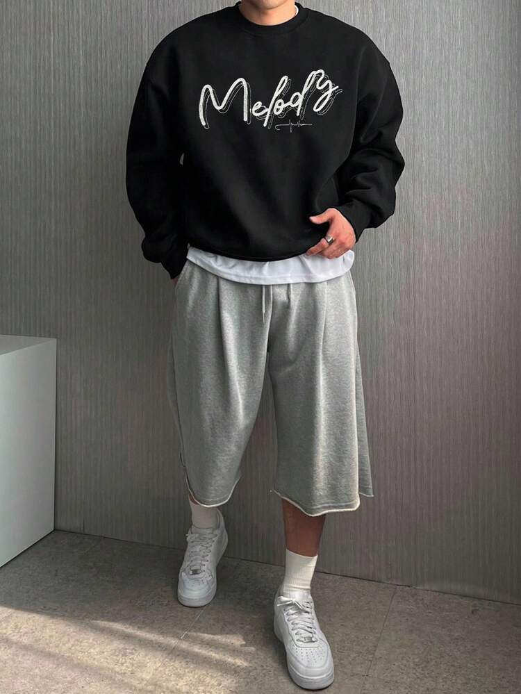 Men Autumn Artistic Letter Embroidery Pullover Sweatshirt