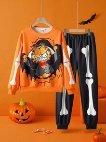 GARFIELD | SHEIN 青少年男孩可爱卡通万圣节图案圆领长袖针织宽松运动衫和裤子套装 - 彩色 - 查看 1