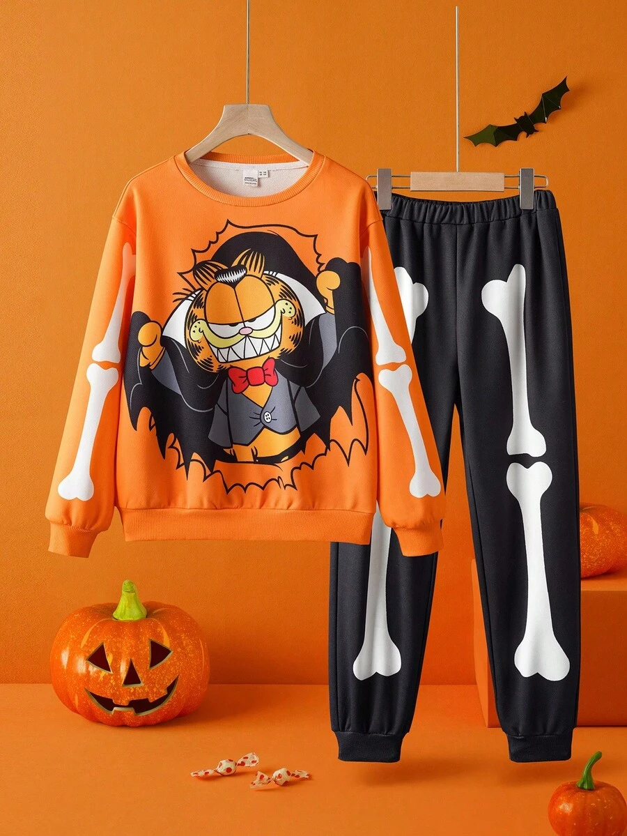 GARFIELD | SHEIN 青少年男孩可爱卡通万圣节图案圆领长袖针织宽松运动衫和裤子套装 - 彩色 - 查看 1