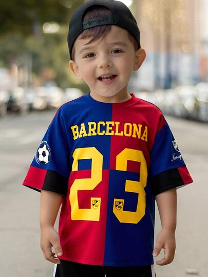 SHEIN 23 Barcelona Red & Blue Soccer Jersey, Casual Loose Fit Short Sleeve T-Shirt For Kids, Suitable For Summer Toddler Barcelona Jersey Baby Boy Barcelona Shirt Toddler Soccer Jersey 2t Barcelona Shirt Baby Boy Soccer Jersey
