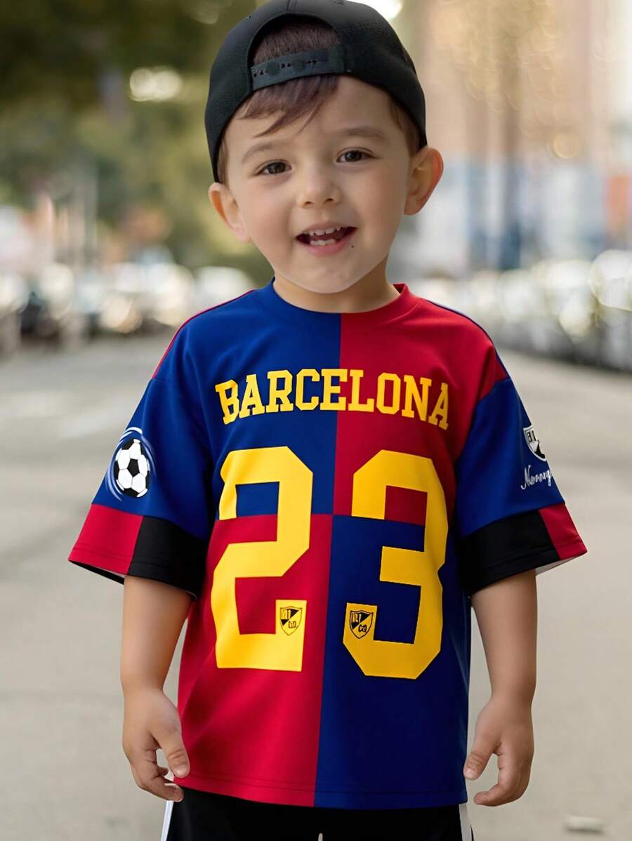 SHEIN 23 Barcelona Red & Blue Soccer Jersey, Casual Loose Fit Short Sleeve T-Shirt For Kids, Suitable For Summer Toddler Barcelona Jersey Baby Boy Barcelona Shirt Toddler Soccer Jersey 2t Barcelona Shirt Baby Boy Soccer Jersey - Multicolor - View 1