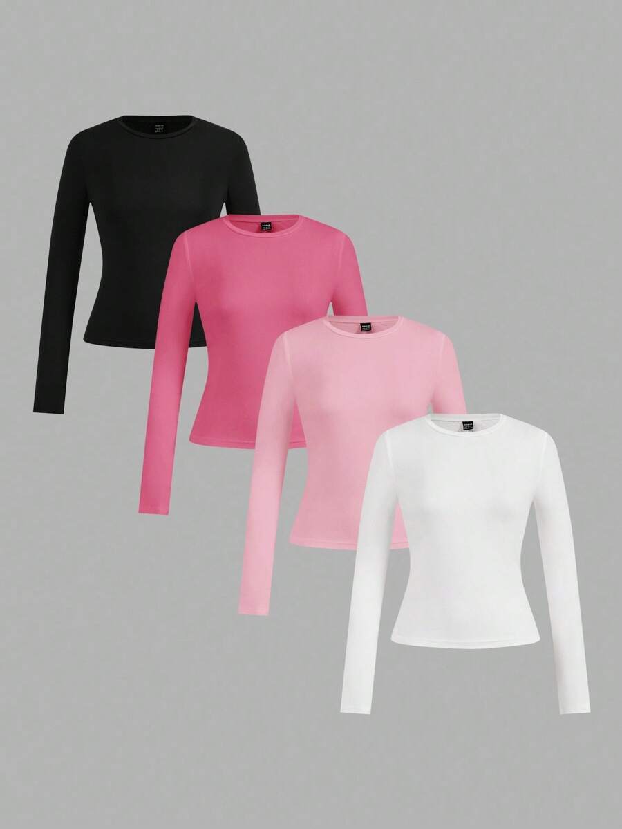 SHEIN EZwear 4 件套女士黑色、白色、粉色圆领休闲修身长袖 T 恤套装，适合秋冬季 - 彩色 - 查看 1