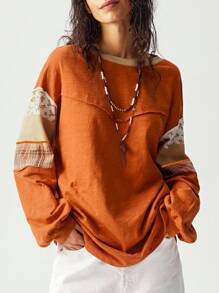 Bohemela Áo thun tay dài họa tiết chắp vá màu cam cỡ lớn, áo thu cho nữ - Màu vàng - Xem 6